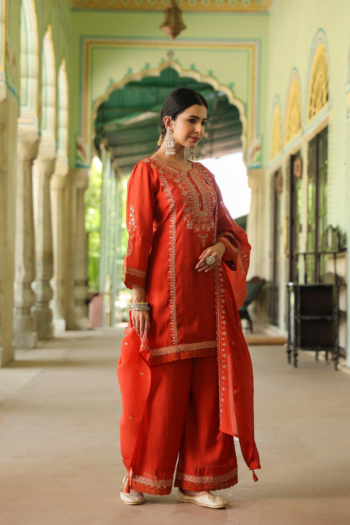 Okra Tangerine full work mul chanderi suit set