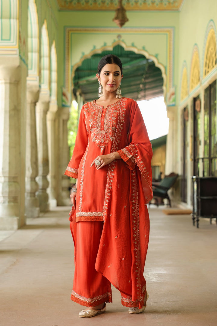 Okra Tangerine full work mul chanderi suit set