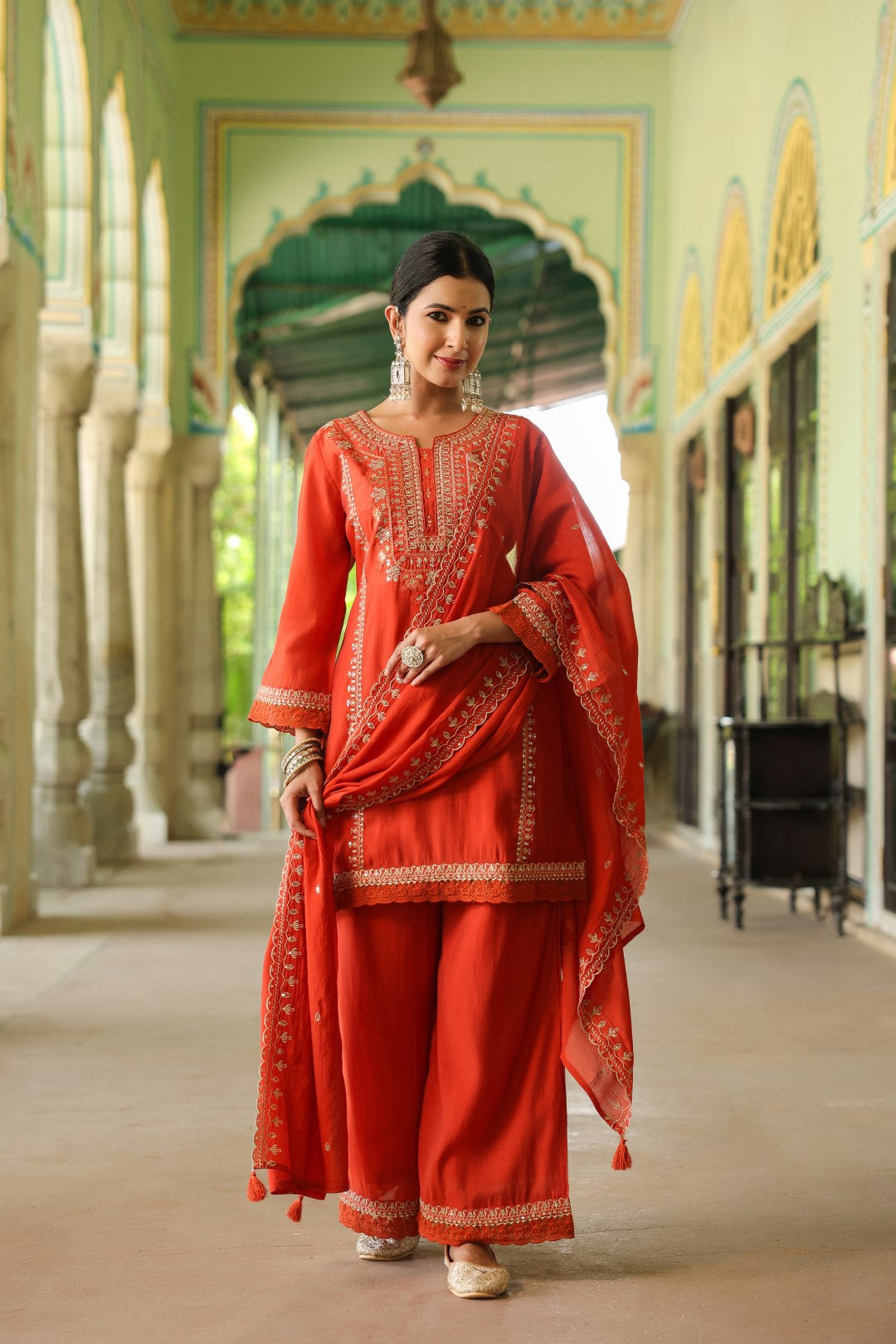 Okra Tangerine full work mul chanderi suit set