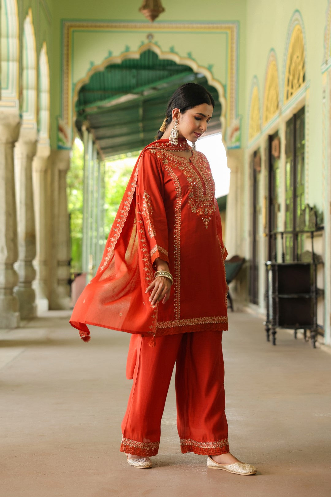Okra Tangerine full work mul chanderi suit set