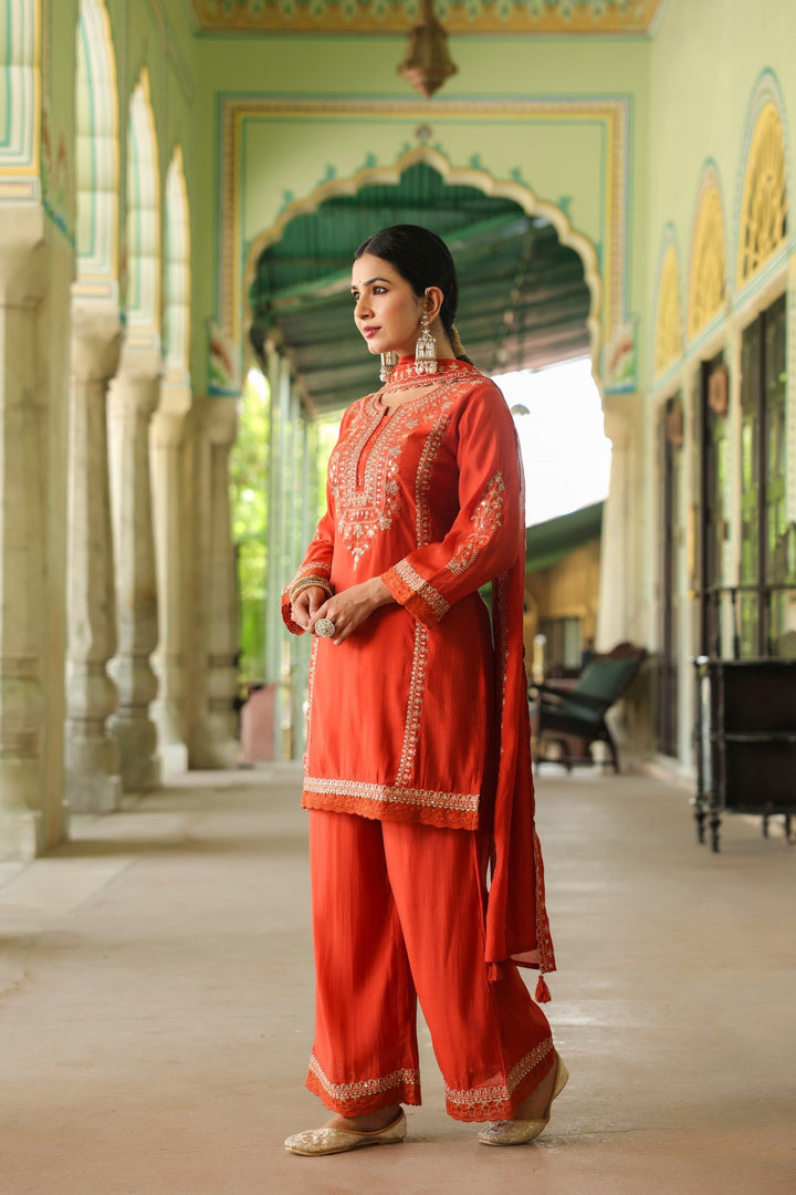 Okra Tangerine full work mul chanderi suit set