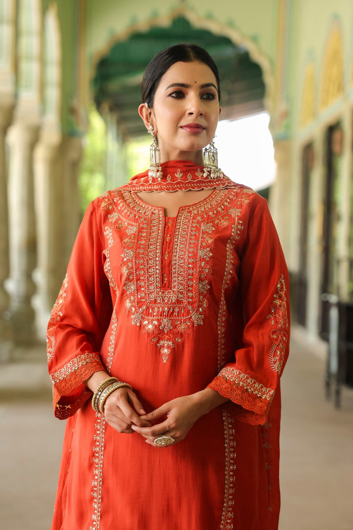 Okra Tangerine full work mul chanderi suit set