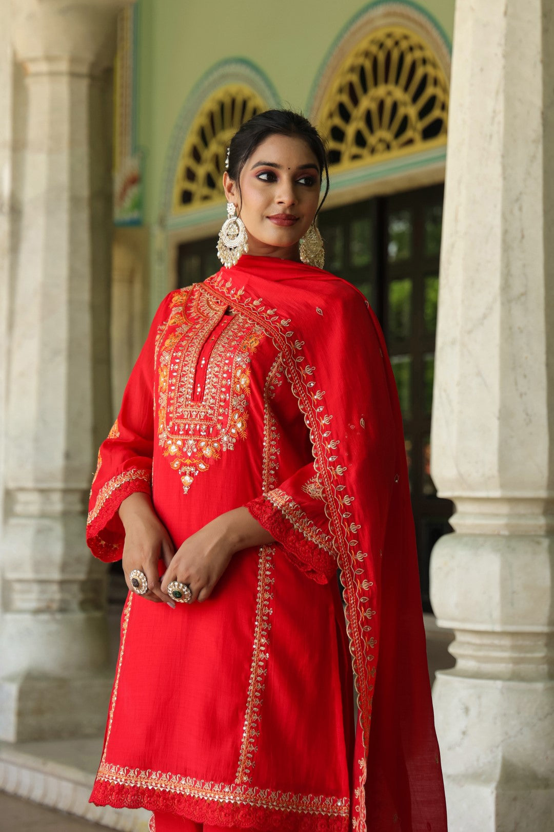 Okra Scarlet full work mul chanderi suit set