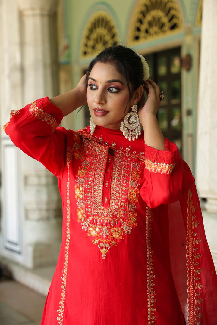 Okra Scarlet full work mul chanderi suit set