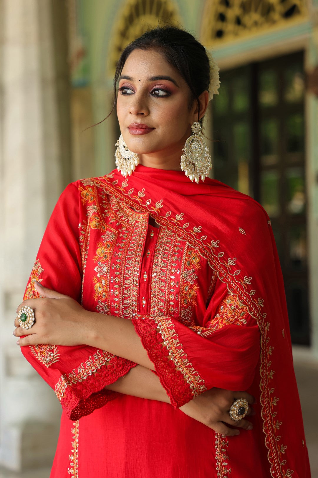 Okra Scarlet full work mul chanderi suit set