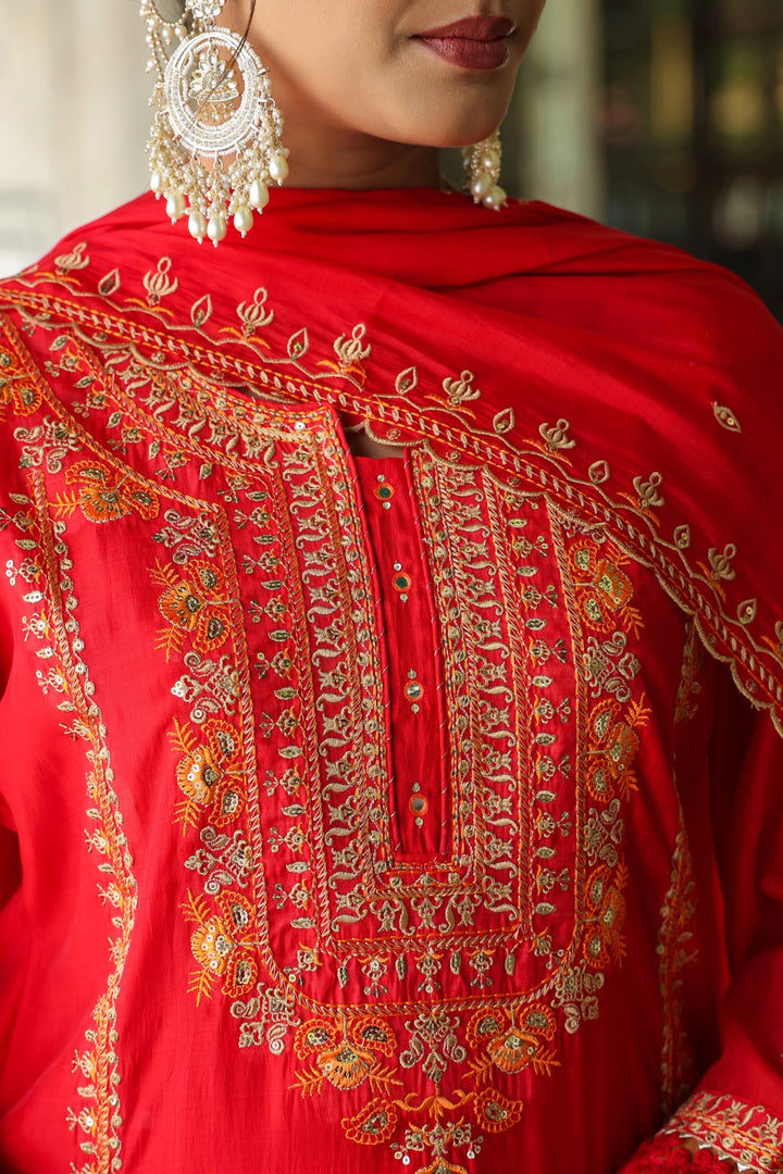 Okra Scarlet full work mul chanderi suit set