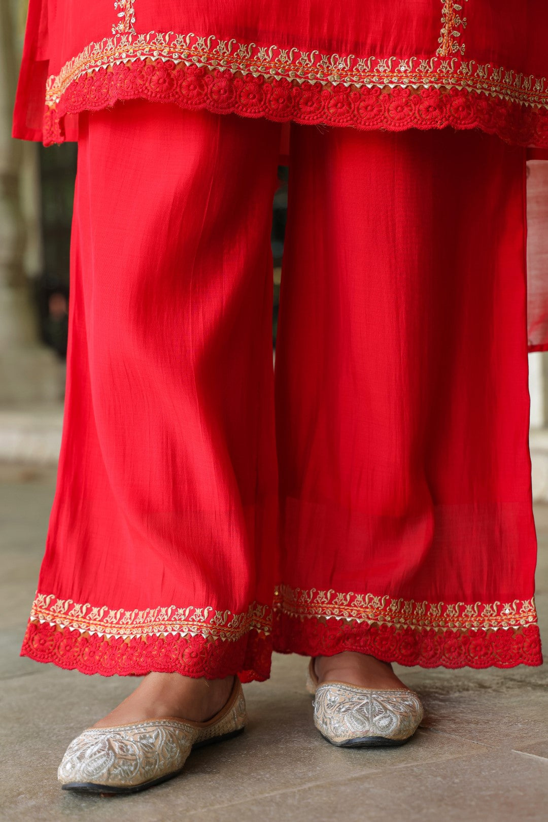 Okra Scarlet full work mul chanderi suit set