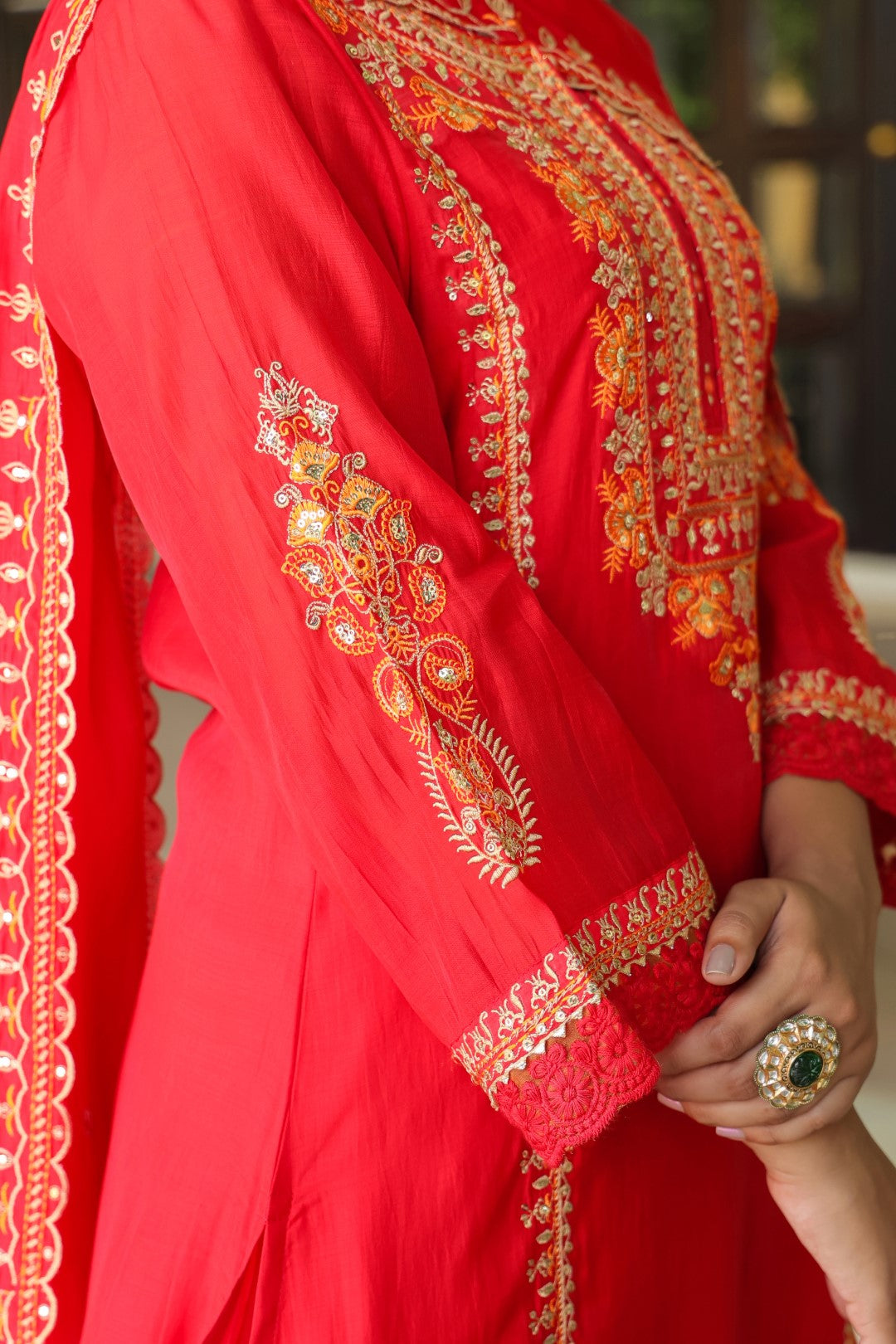 Okra Scarlet full work mul chanderi suit set