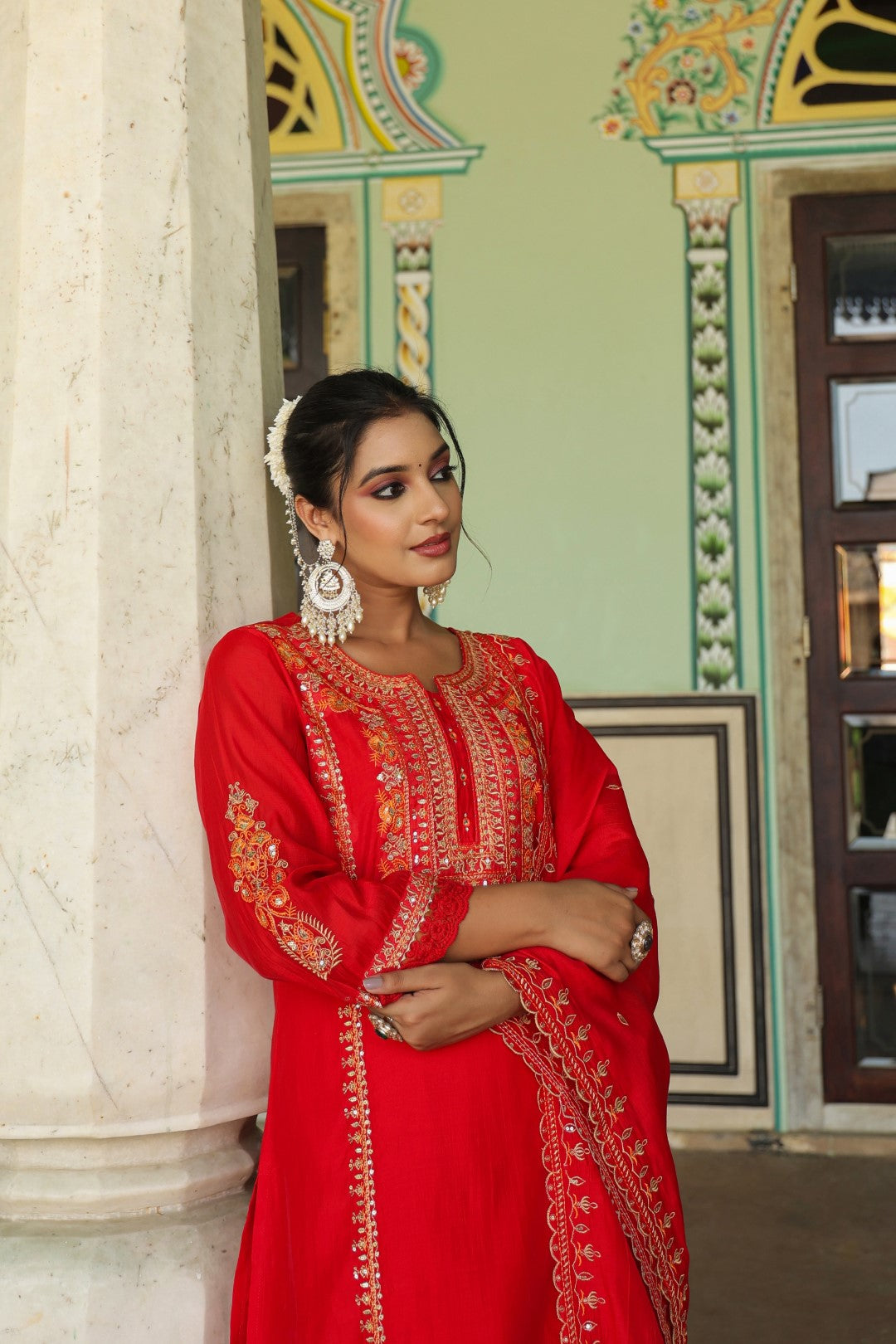 Okra Scarlet full work mul chanderi suit set