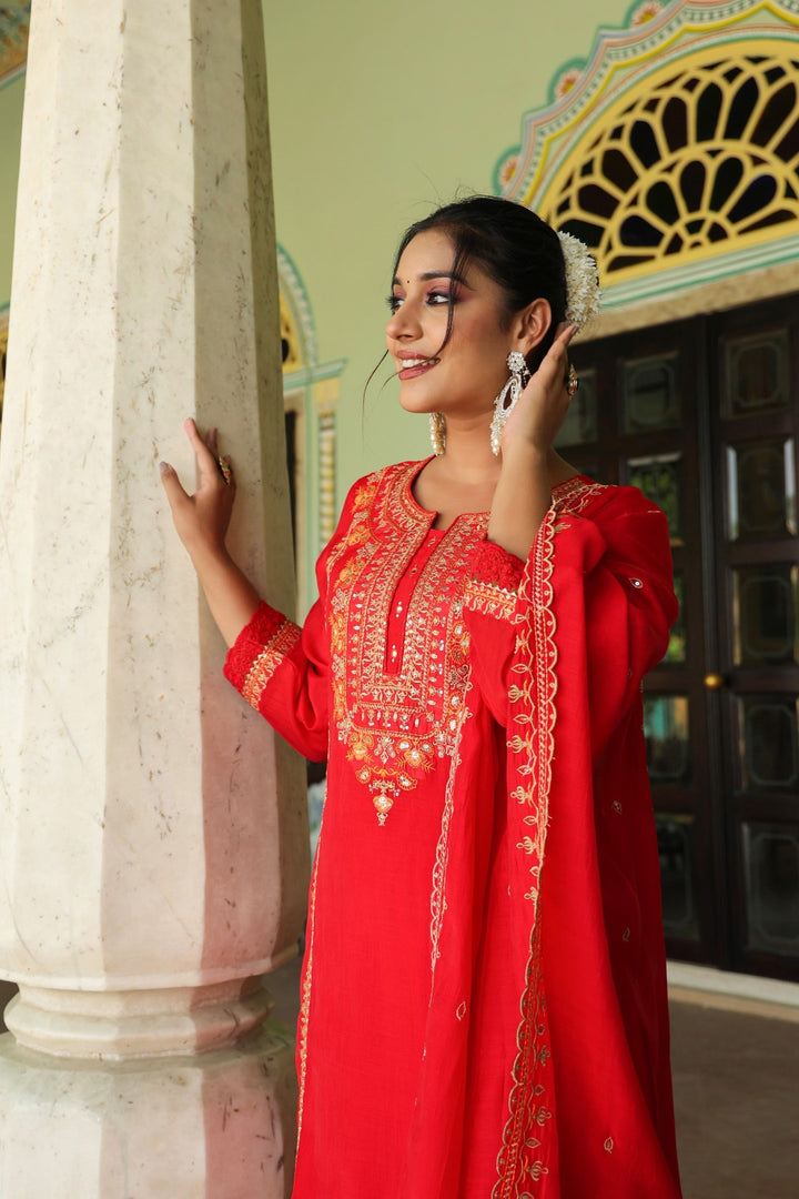 Okra Scarlet full work mul chanderi suit set