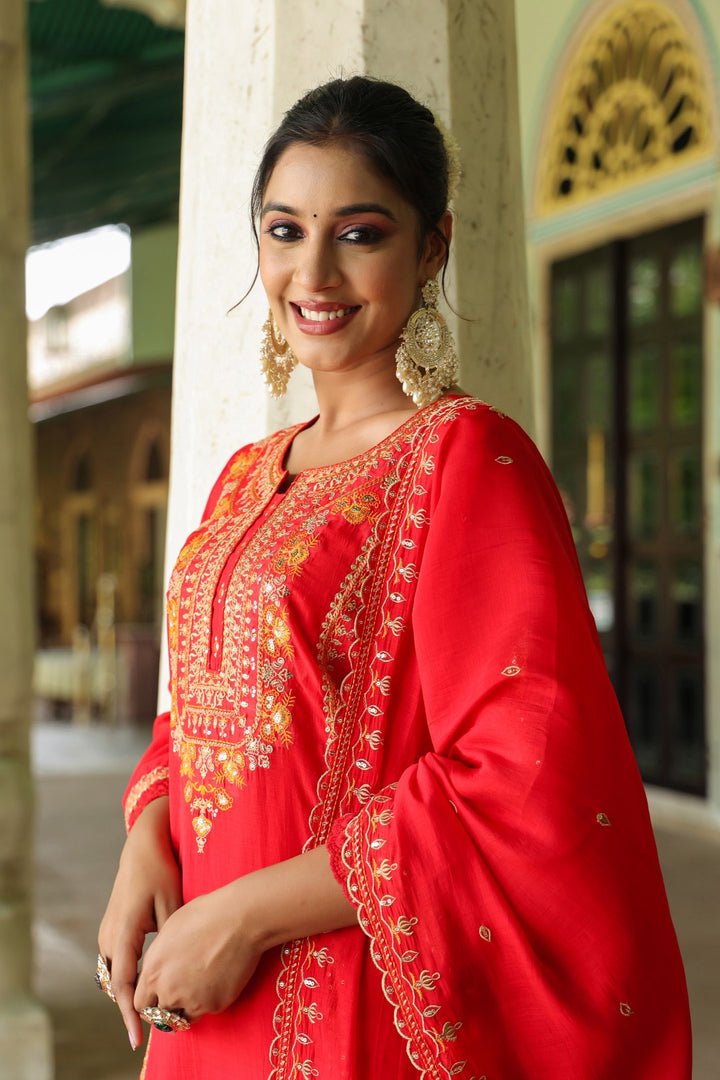 Okra Scarlet full work mul chanderi suit set
