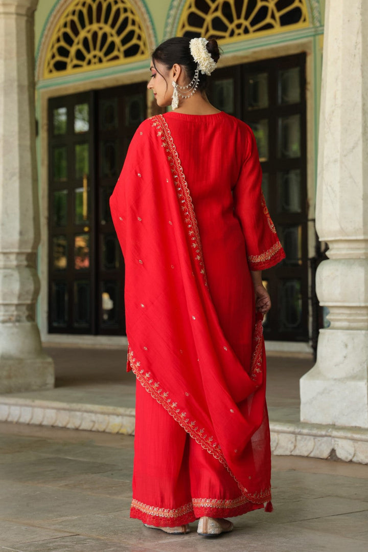 Okra Scarlet full work mul chanderi suit set