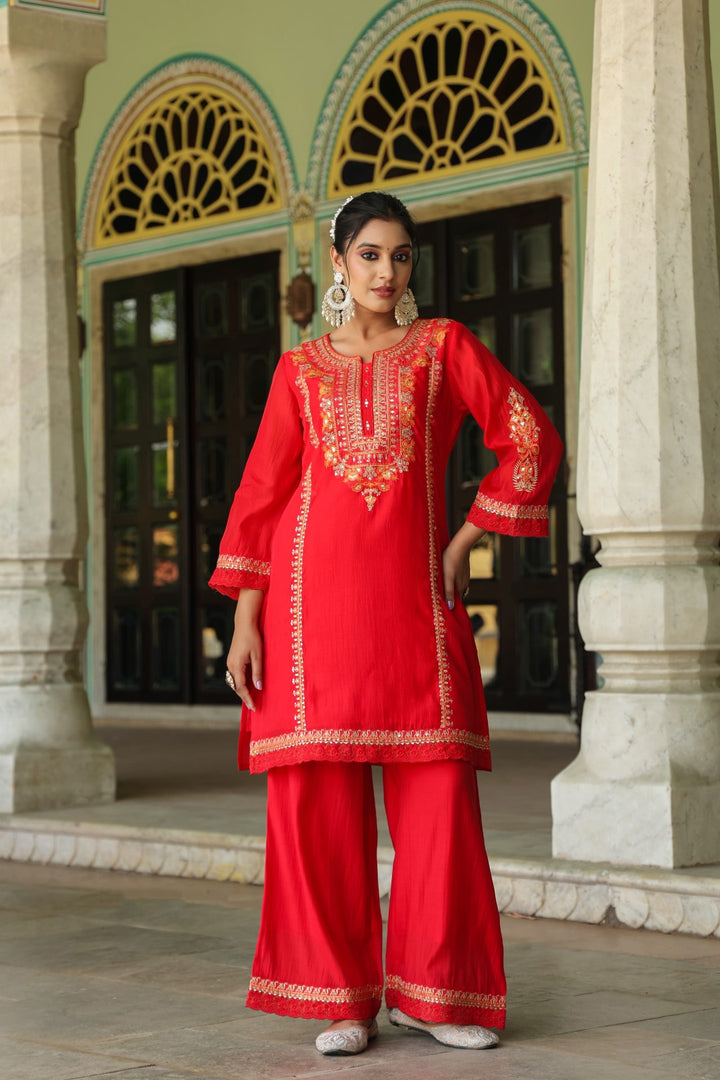 Okra Scarlet full work mul chanderi suit set