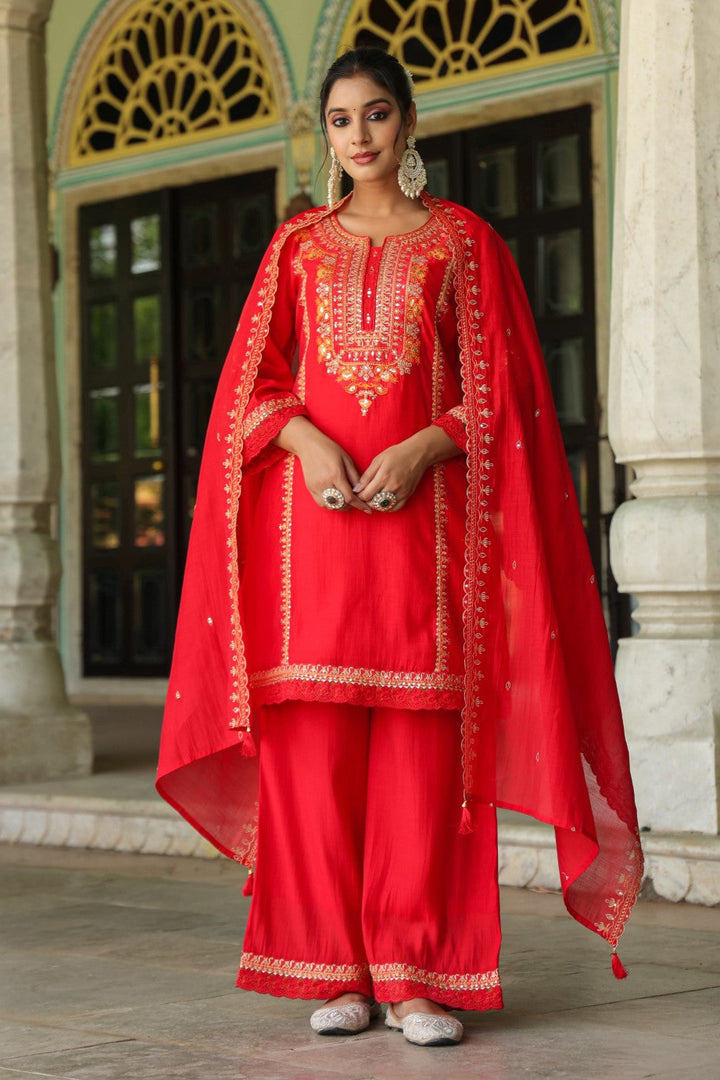 Okra Scarlet full work mul chanderi suit set