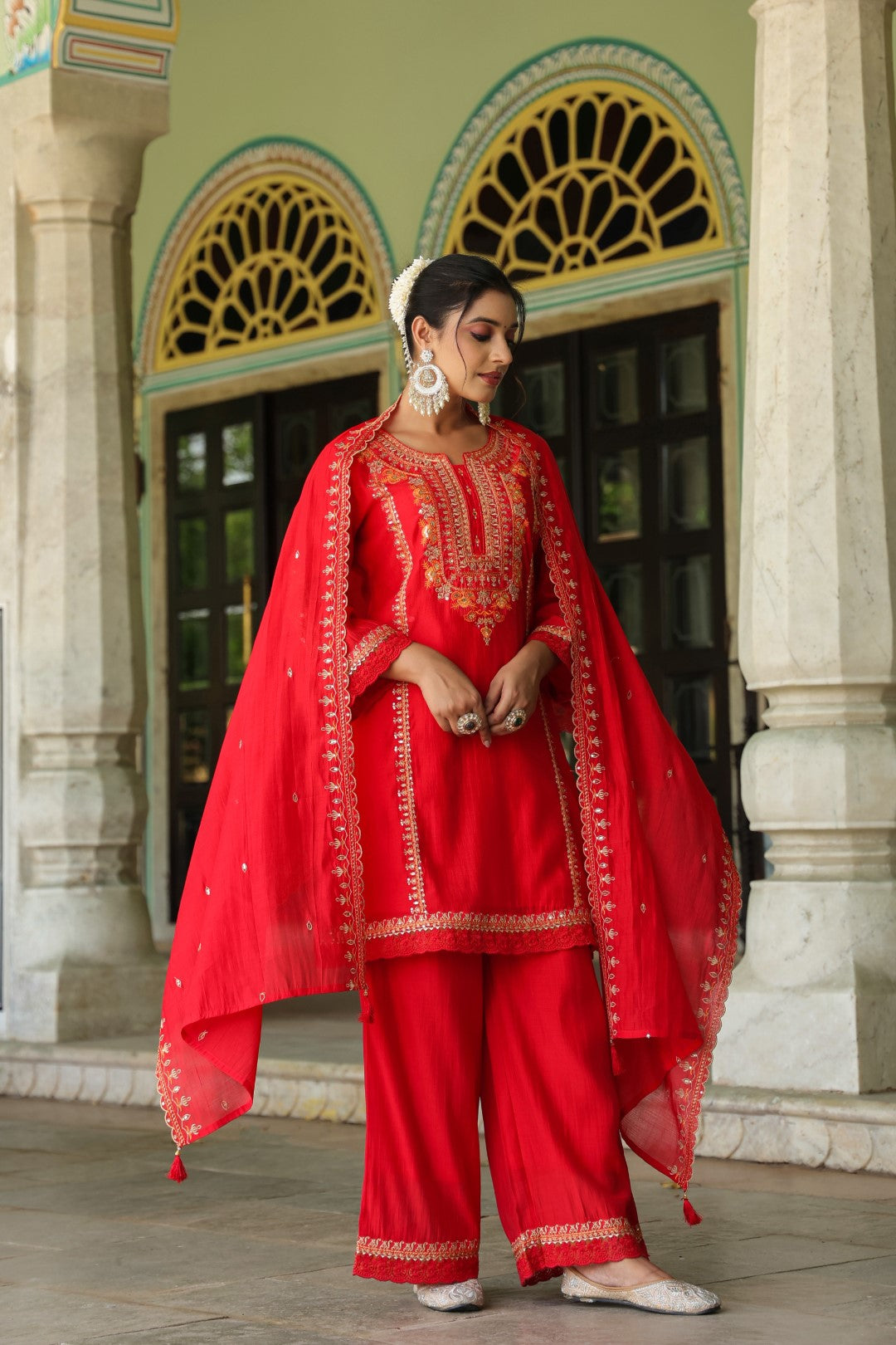 Okra Scarlet full work mul chanderi suit set