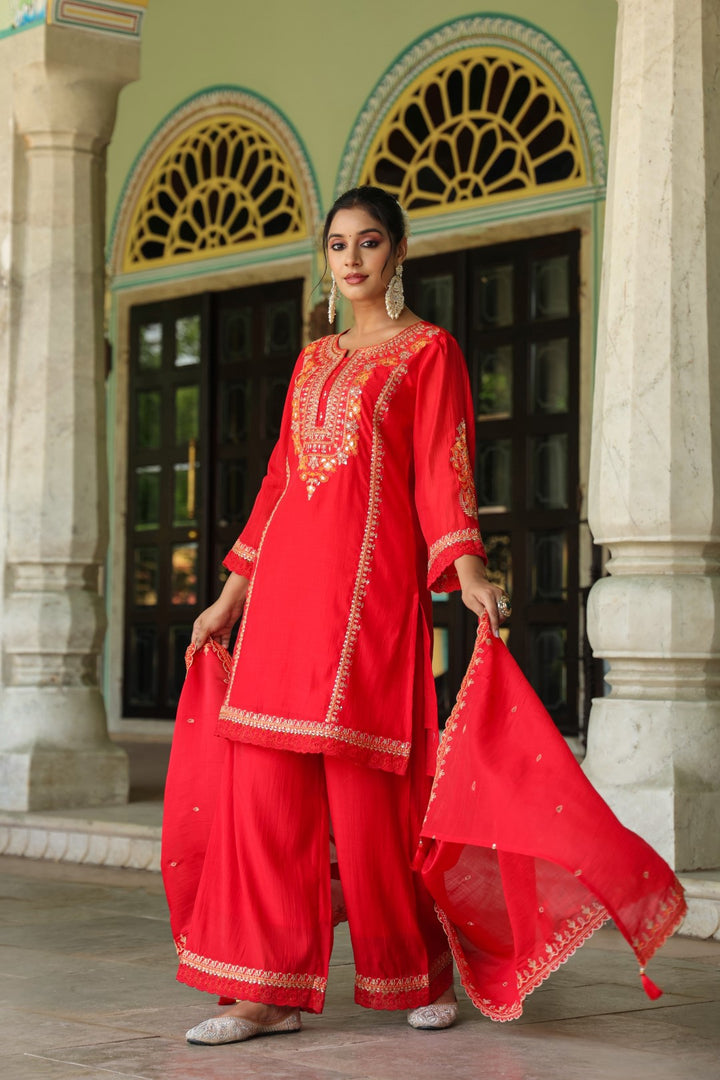 Okra Scarlet full work mul chanderi suit set