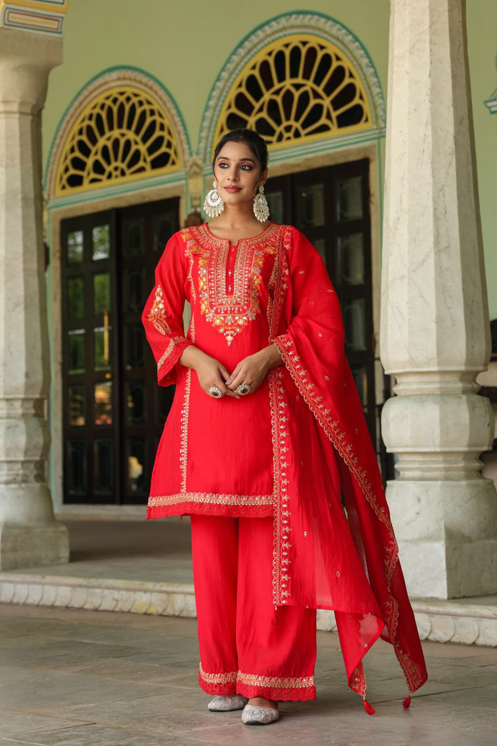 Okra Scarlet full work mul chanderi suit set