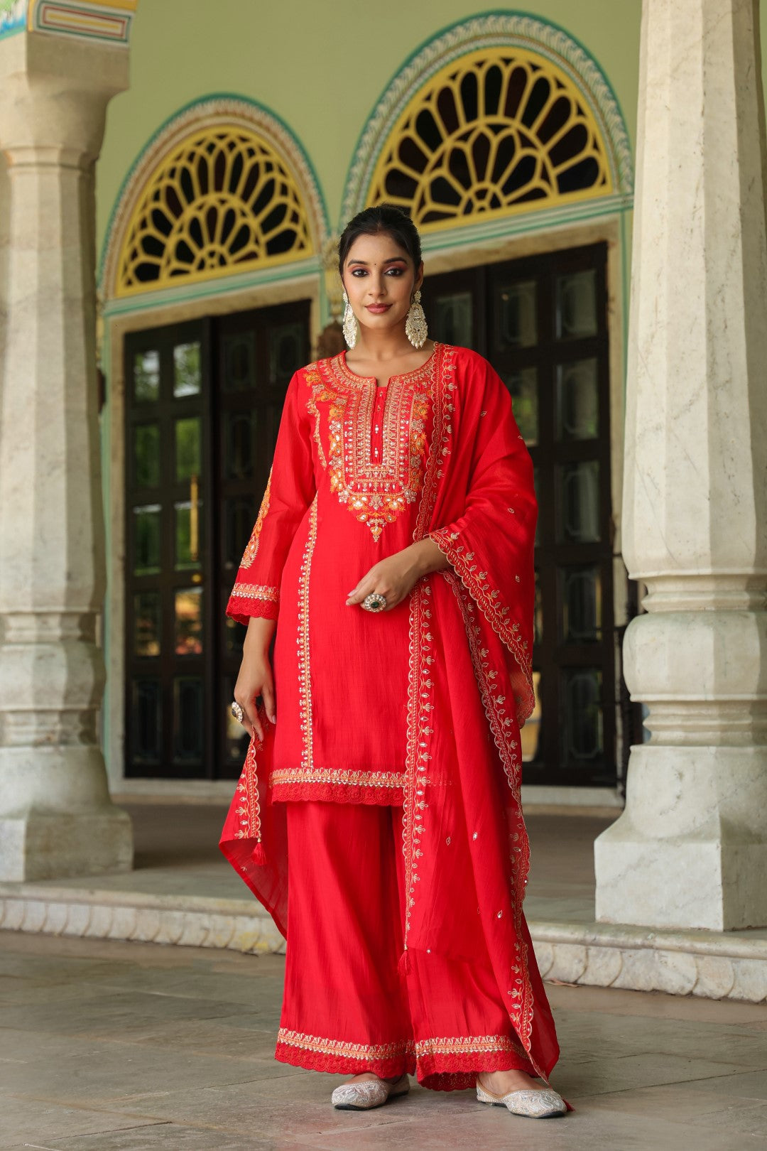 Okra Scarlet full work mul chanderi suit set