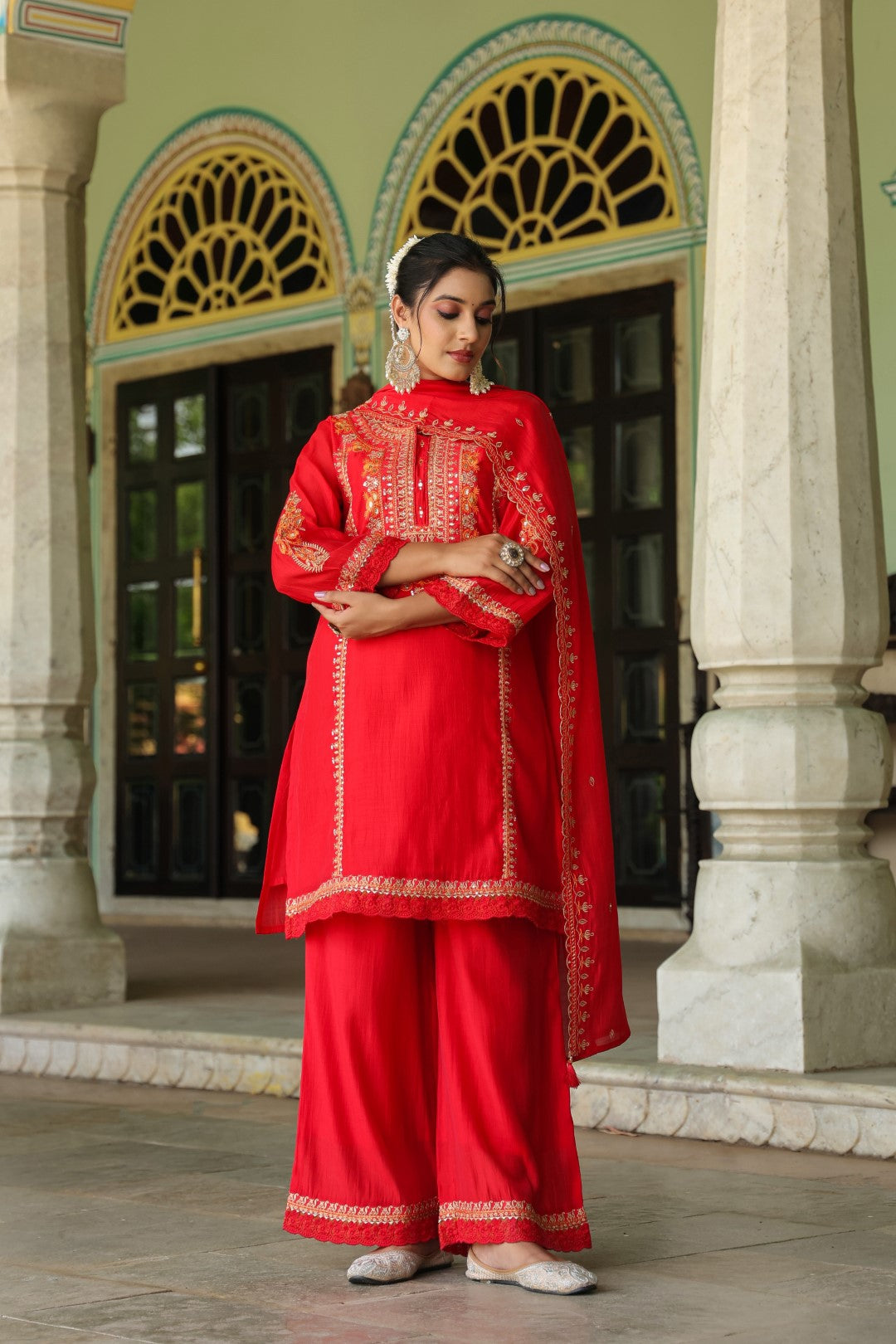 Okra Scarlet full work mul chanderi suit set