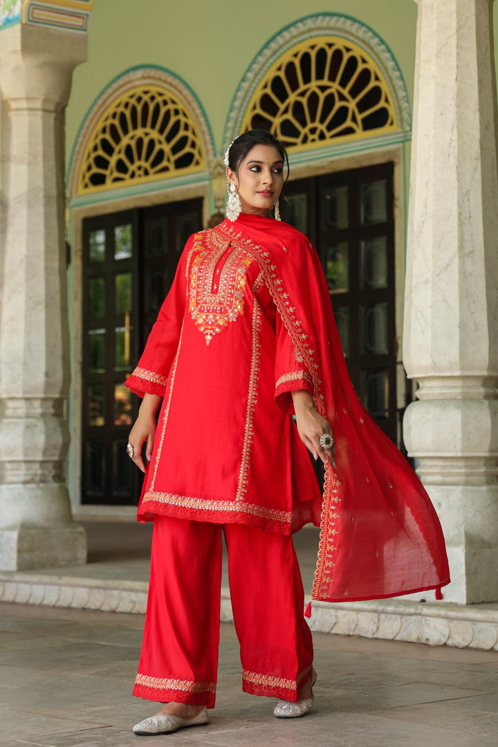 Okra Scarlet full work mul chanderi suit set