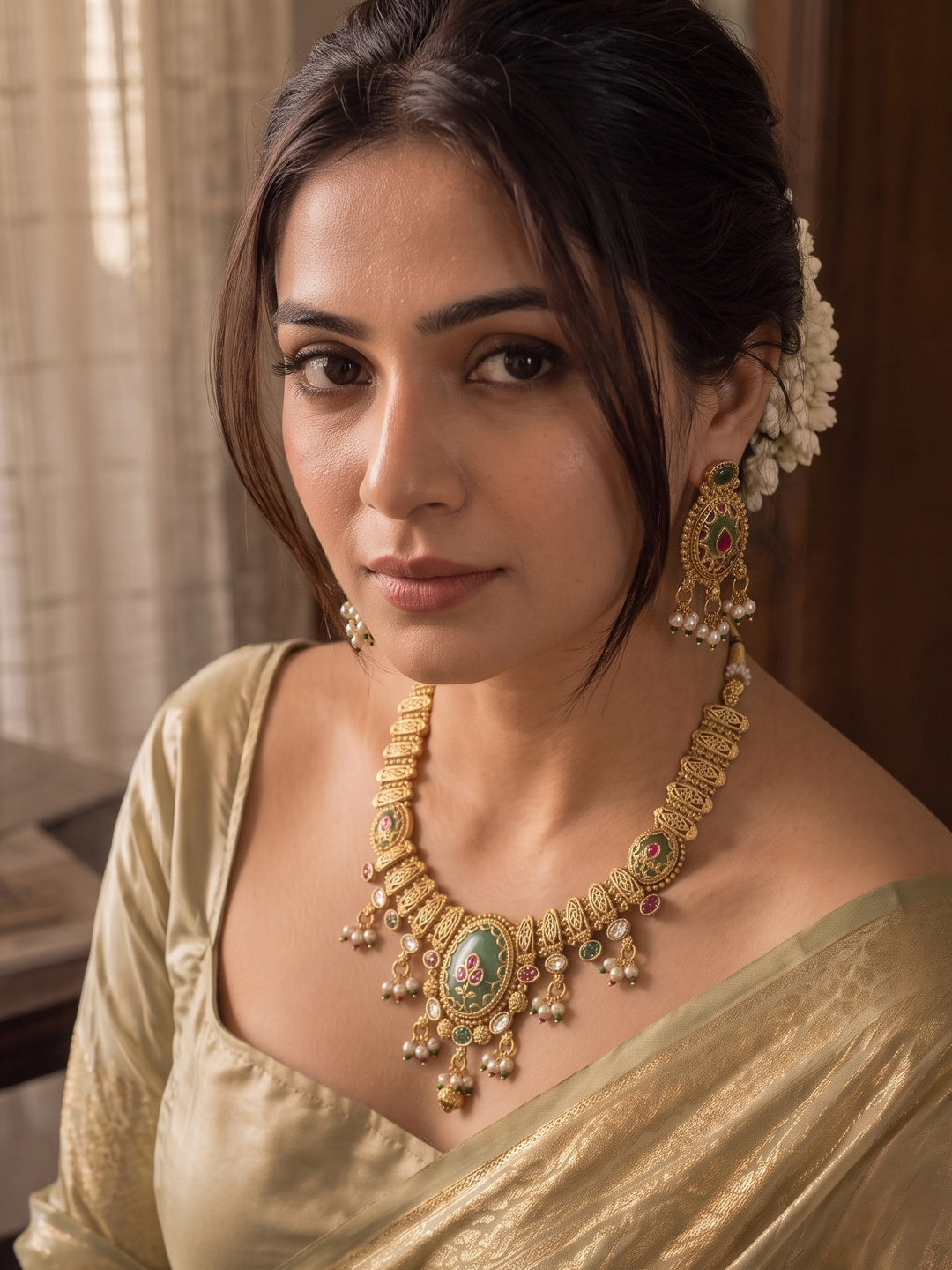 Pushpika Mayura Greenstone Necklace Set