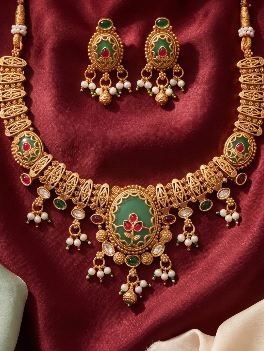 Pushpika Mayura Greenstone Necklace Set