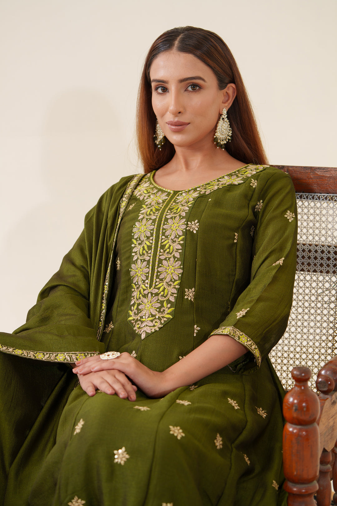 Anila Olive Full Work Anarkali Suit Set