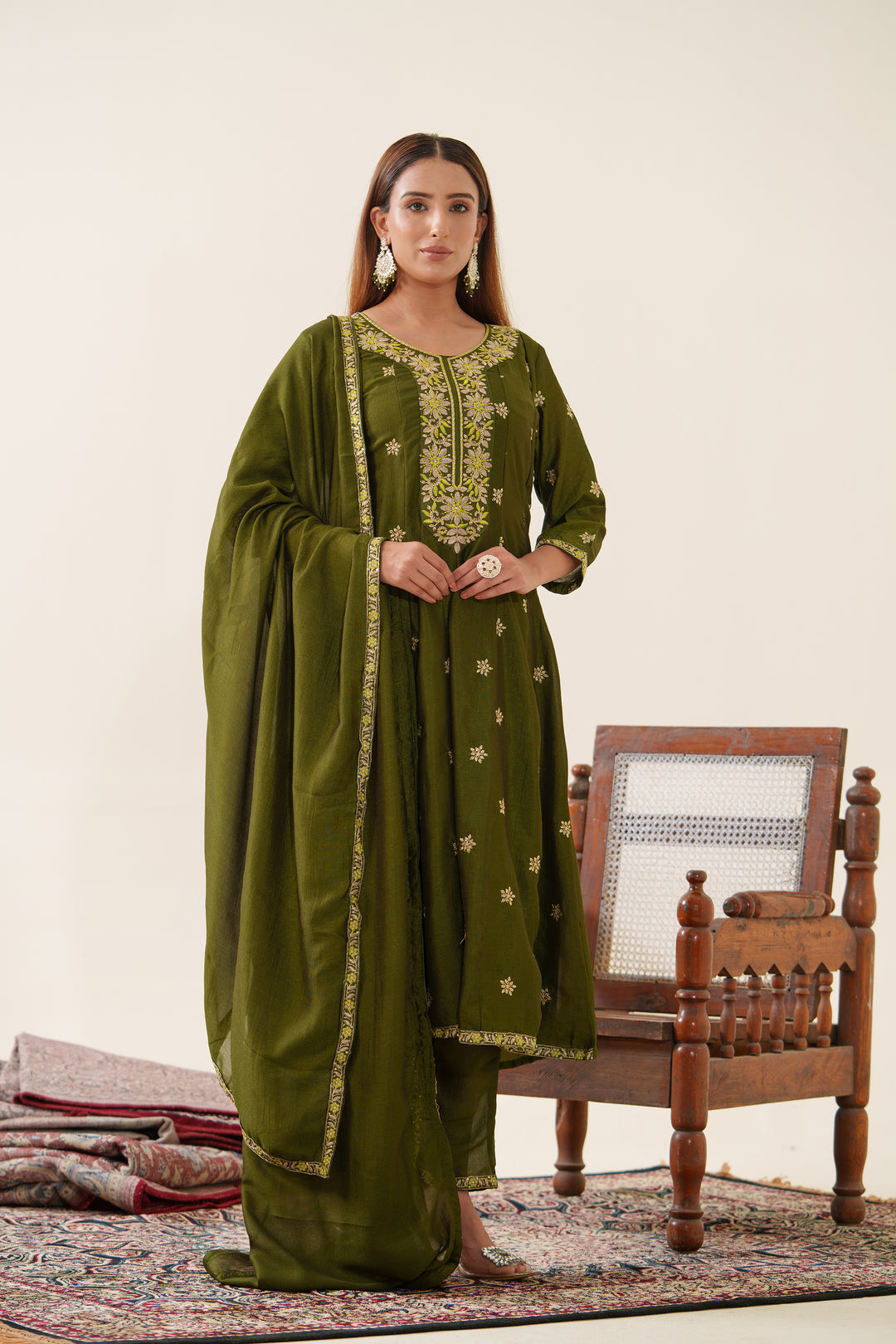 Anila Olive Full Work Anarkali Suit Set