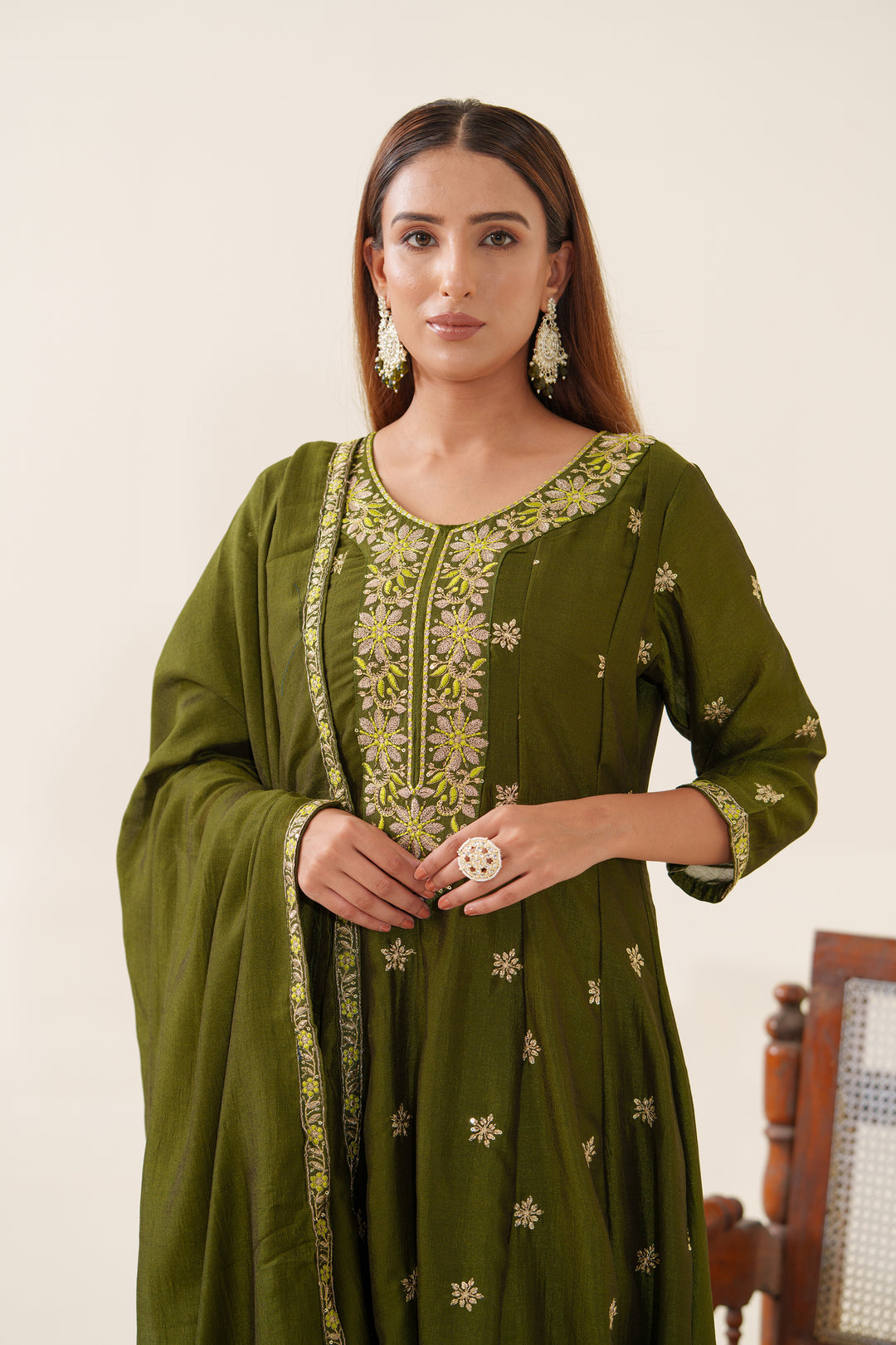 Anila Olive Full Work Anarkali Suit Set