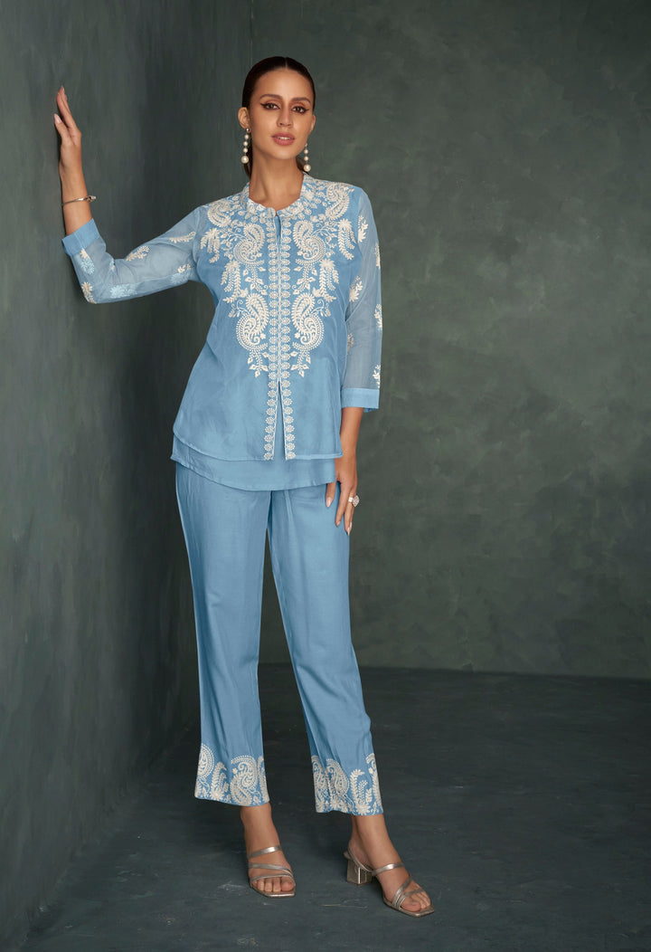 Saba SoftBlue Embroidered 3 pc Co-ord Set