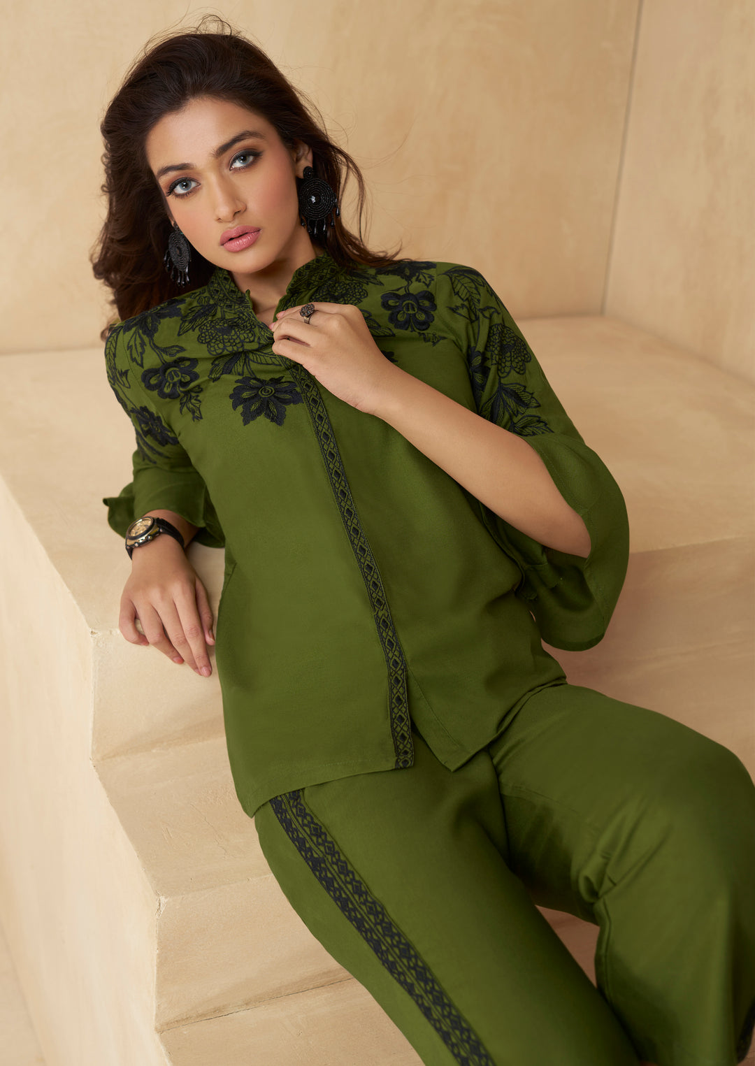 WINNY MOSS GREEN EMBROIDERY CO-ORD SET