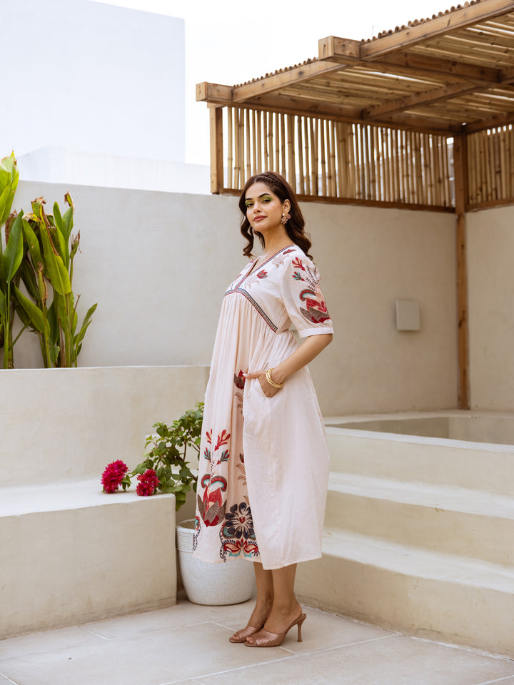 Osho Tan Embroidery Cotton Dress