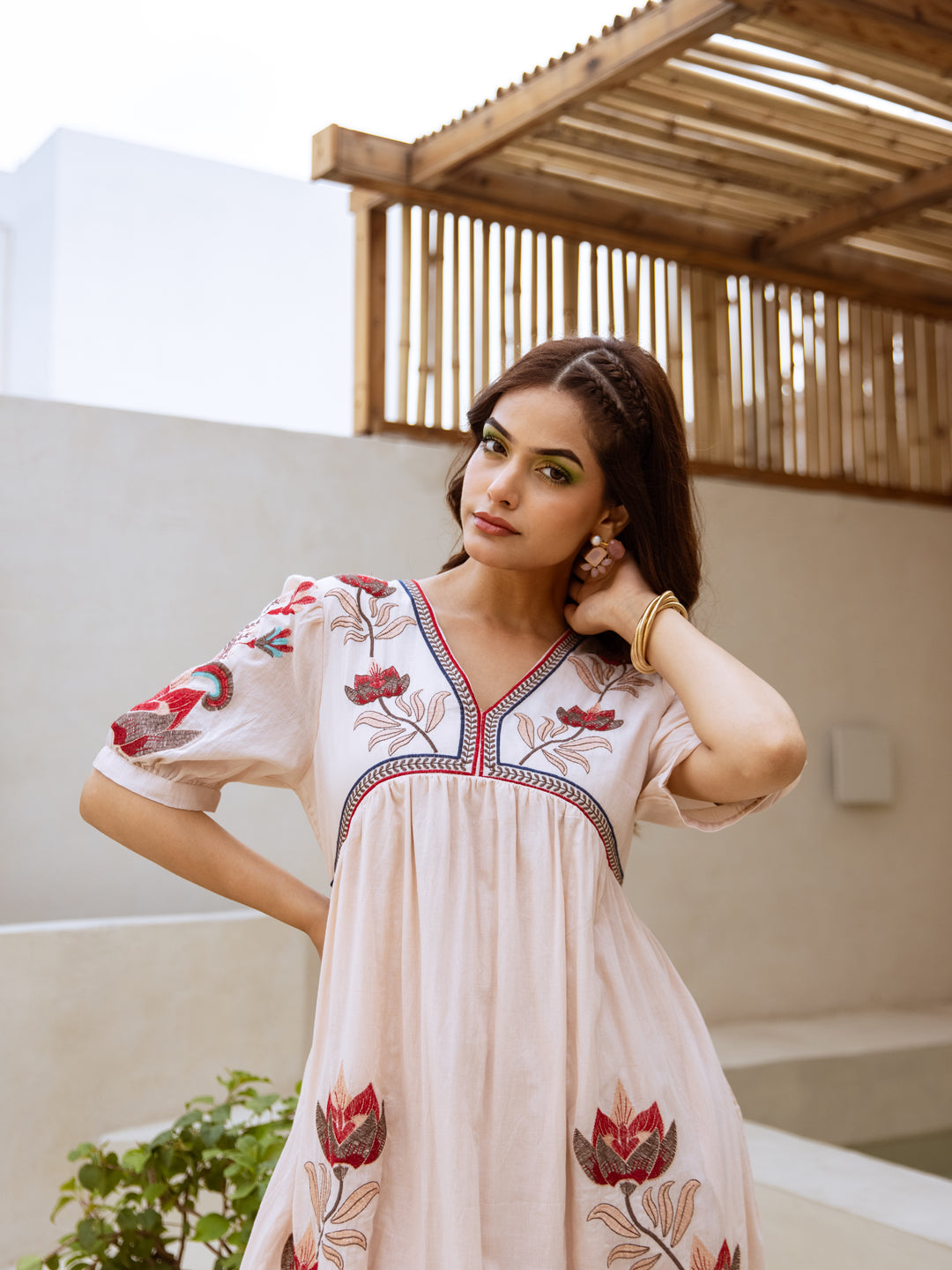 Osho Tan Embroidery Cotton Dress