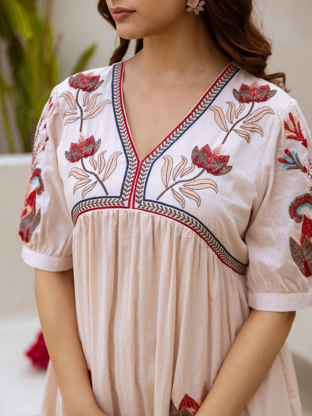 Osho Tan Embroidery Cotton Dress