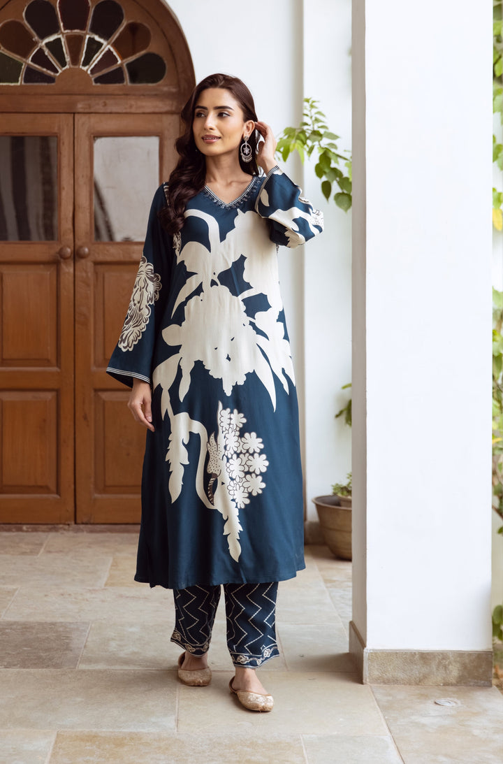 Sargun Cobalt Printed Kurta Pant set