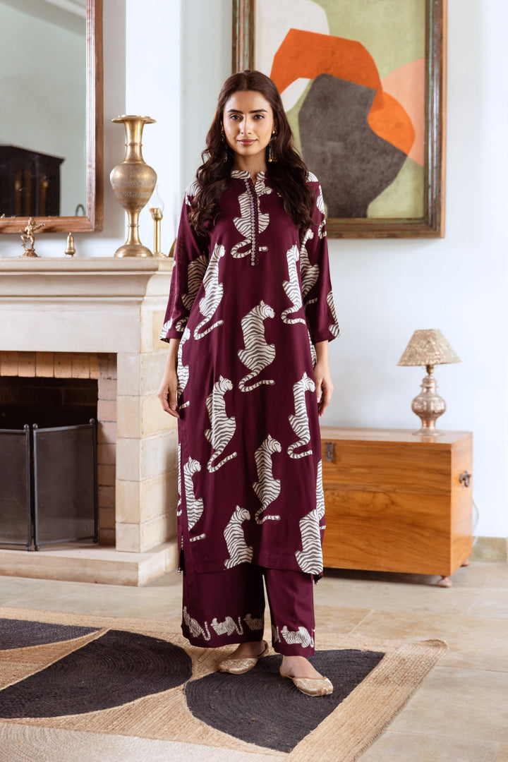 Aruna Mulberry Tiger Kurta Pant Set