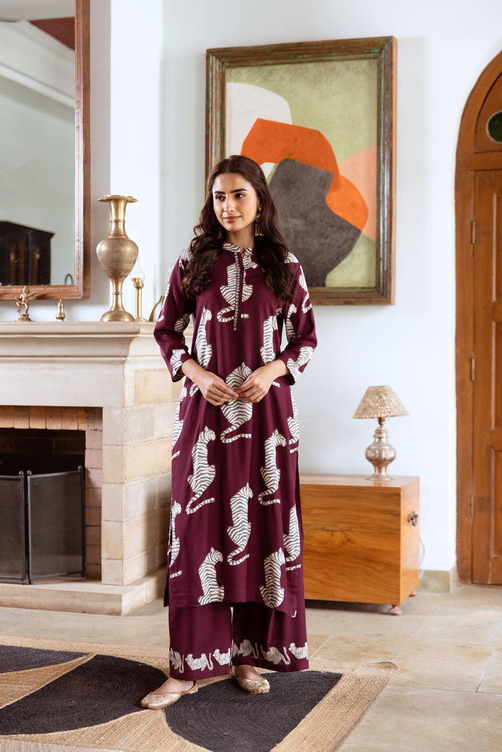 Aruna Mulberry Tiger Kurta Pant Set