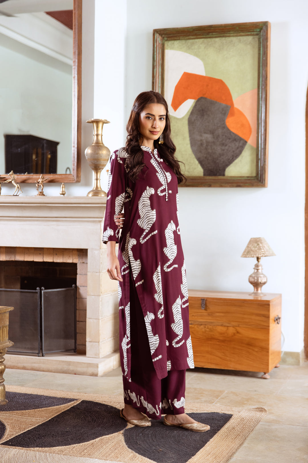 Aruna Mulberry Tiger Kurta Pant Set