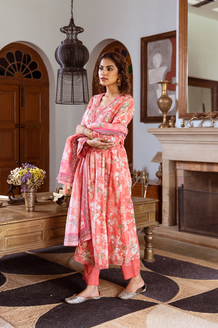 Tejaswi Apricot Floral Cotton Suit Set