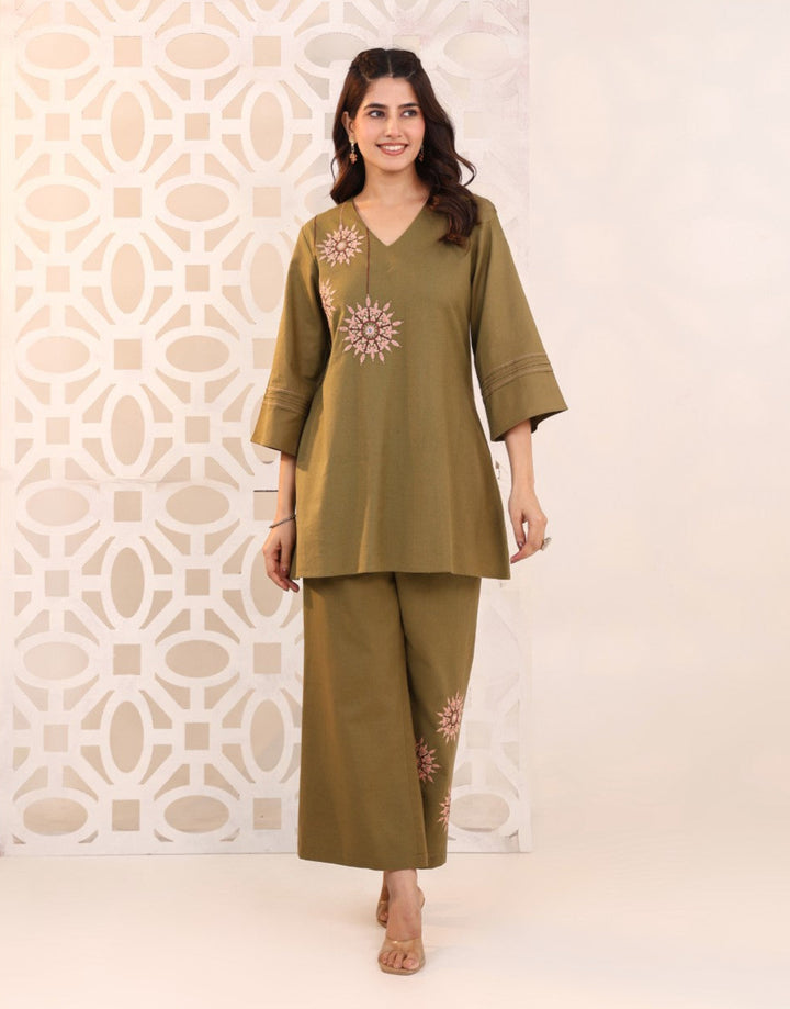 Raftar Olive Embroidery Cotton Co-ord Set