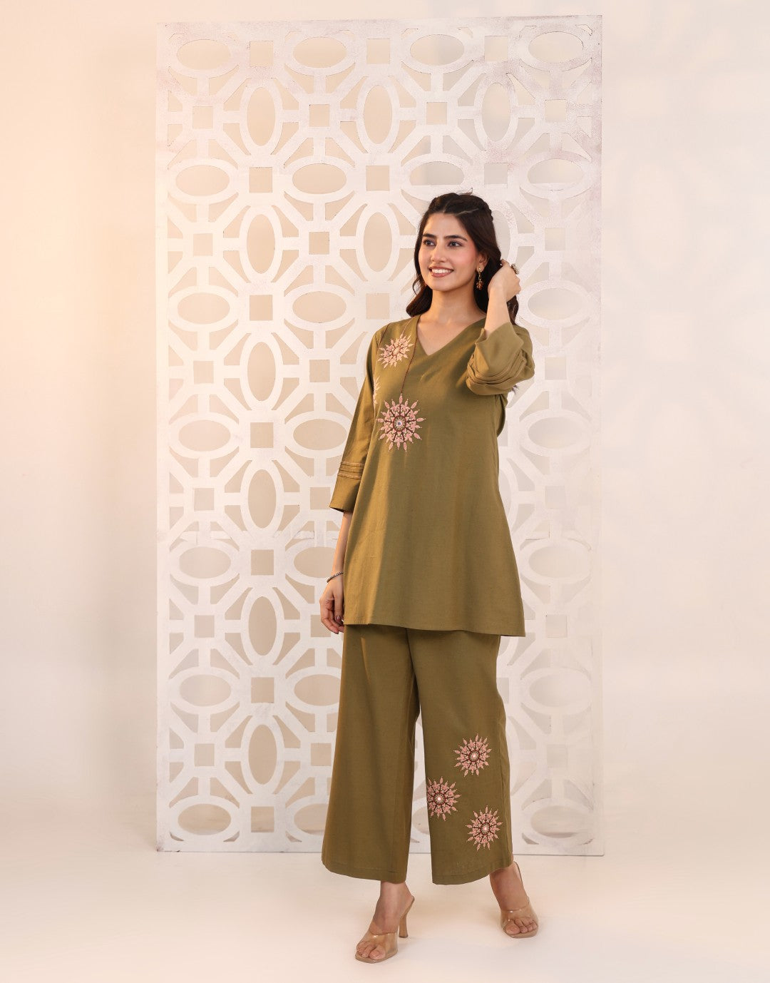 Raftar Olive Embroidery Cotton Co-ord Set