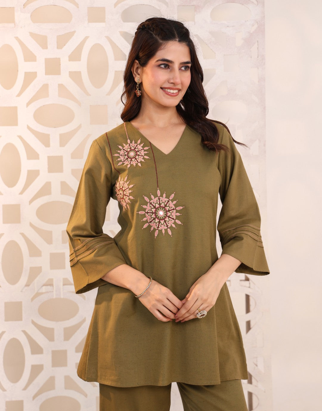 Raftar Olive Embroidery Cotton Co-ord Set