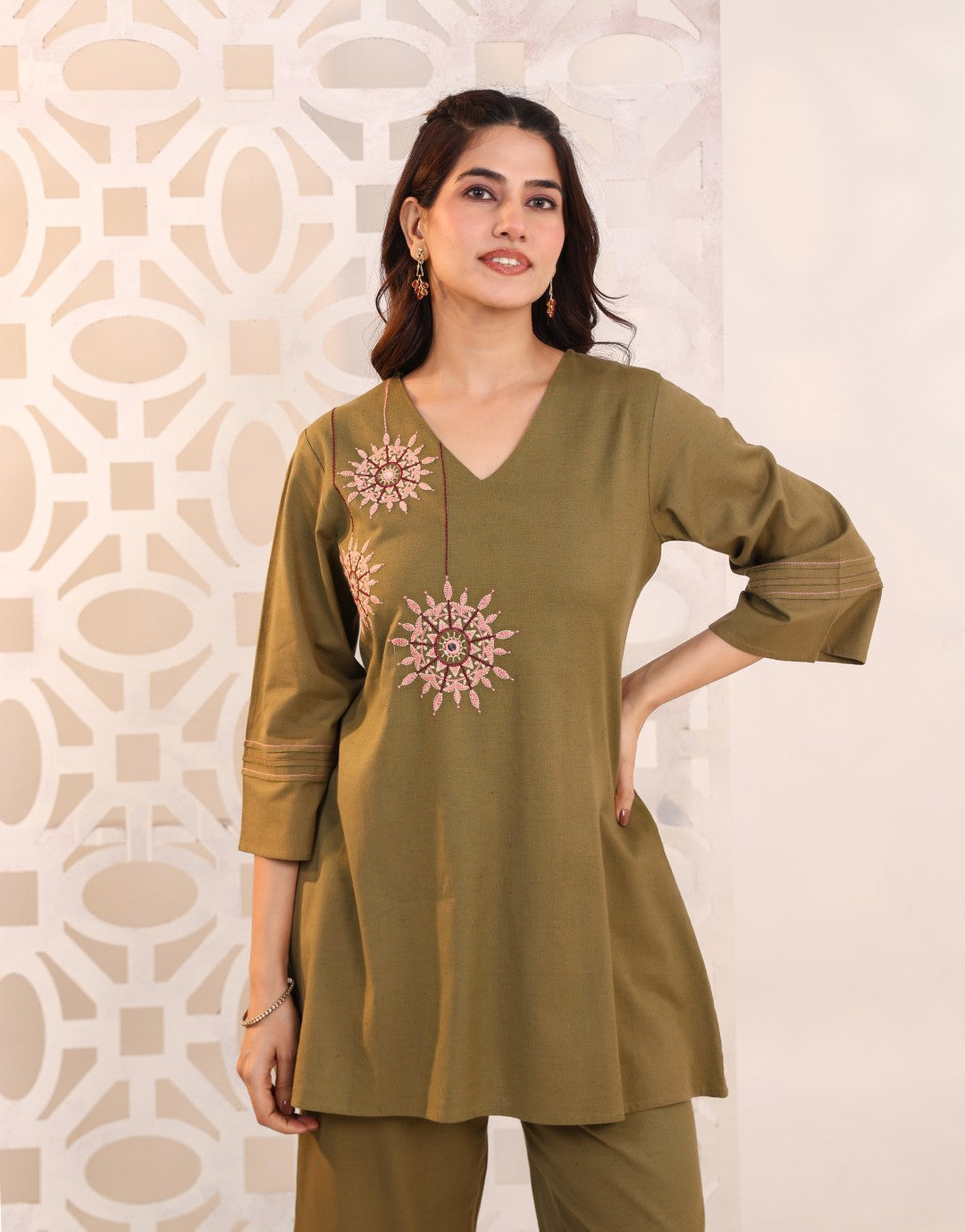 Raftar Olive Embroidery Cotton Co-ord Set
