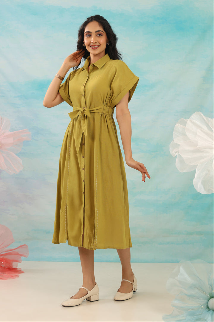 Purna Pine Pure Cotton Tie up dress