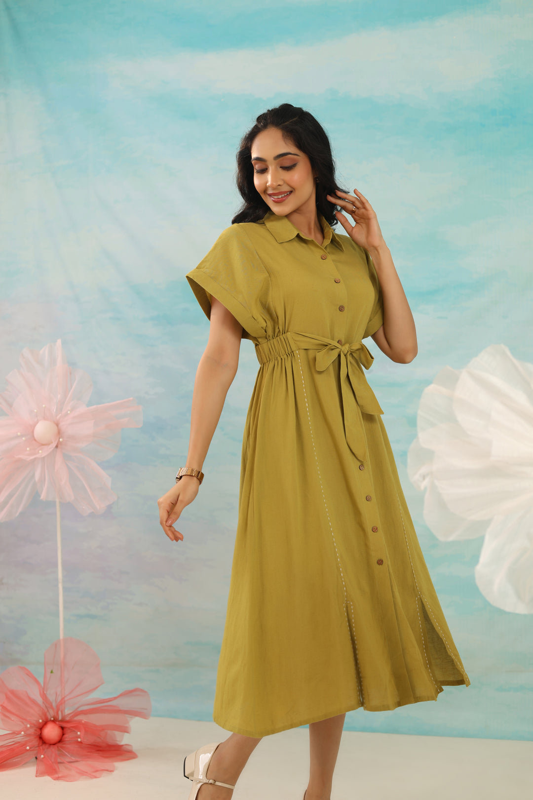 Purna Pine Pure Cotton Tie up dress