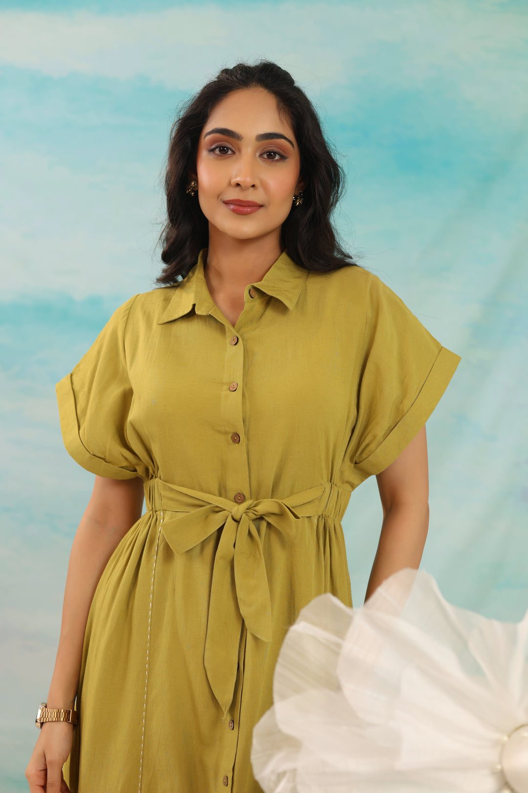 Purna Pine Pure Cotton Tie up dress