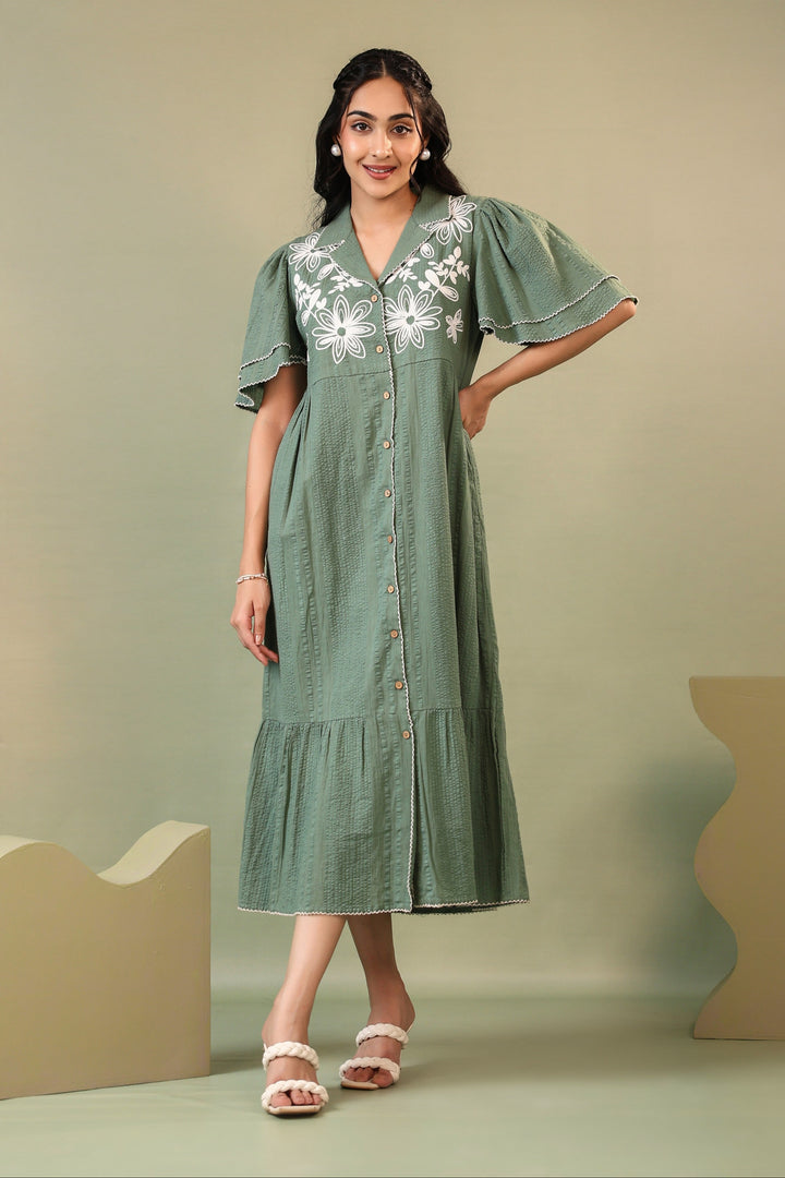 Purna sage Embroidery cotton dress
