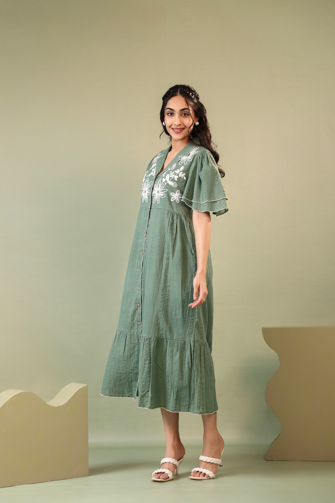 Purna sage Embroidery cotton dress