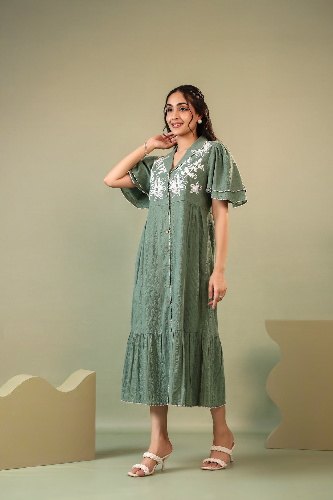 Purna sage Embroidery cotton dress