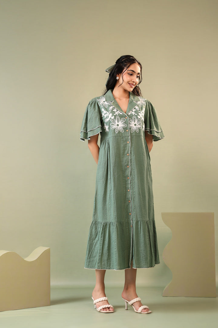Purna sage Embroidery cotton dress